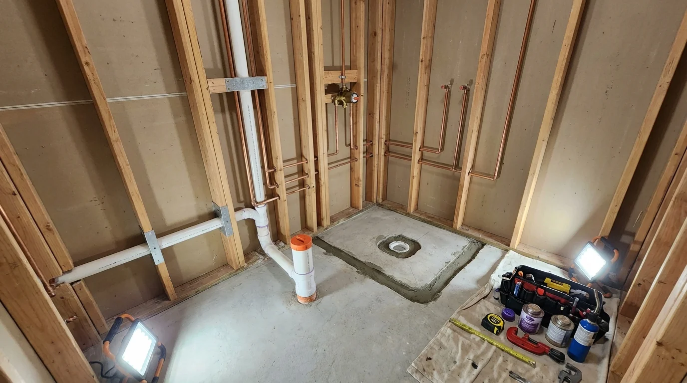 Bathroom rough-in plumbing during remodel by Johns Plumbing LLC in Benton
