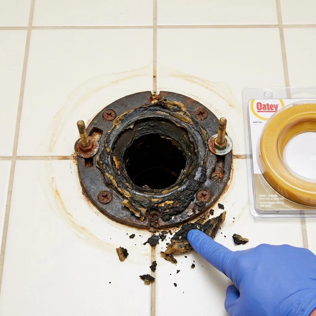 Failed wax ring showing water seepage at the base of a toilet in a Benton, MO home